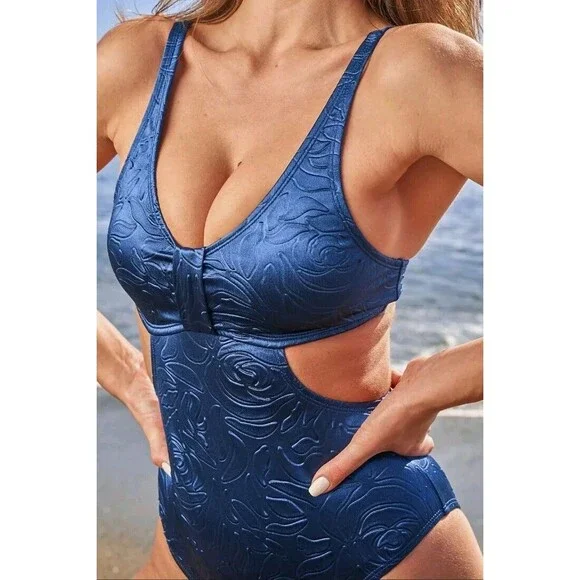 NWT Cupshe Women's Cutout Floral Blue Tonal Velvet One Piece Swimsuit Large - Picture 4 of 10